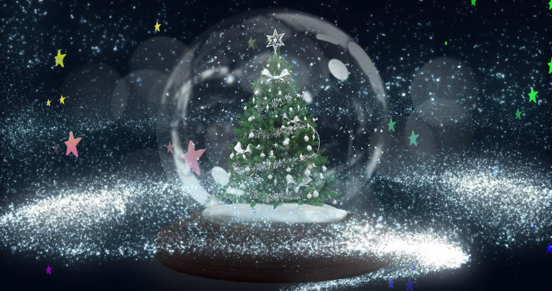 Christmas Tree in Festive Snow Globe with Colorful Stars - Free Images, Stock Photos and Pictures on Pikwizard.com