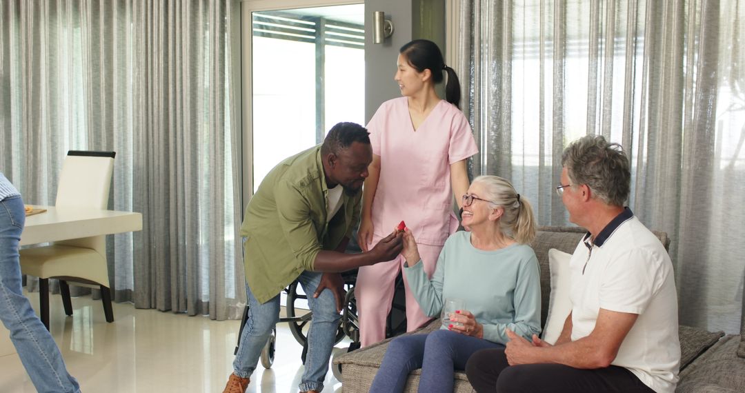 Smiling Nurse with Diverse Patients in Physiotherapy Session