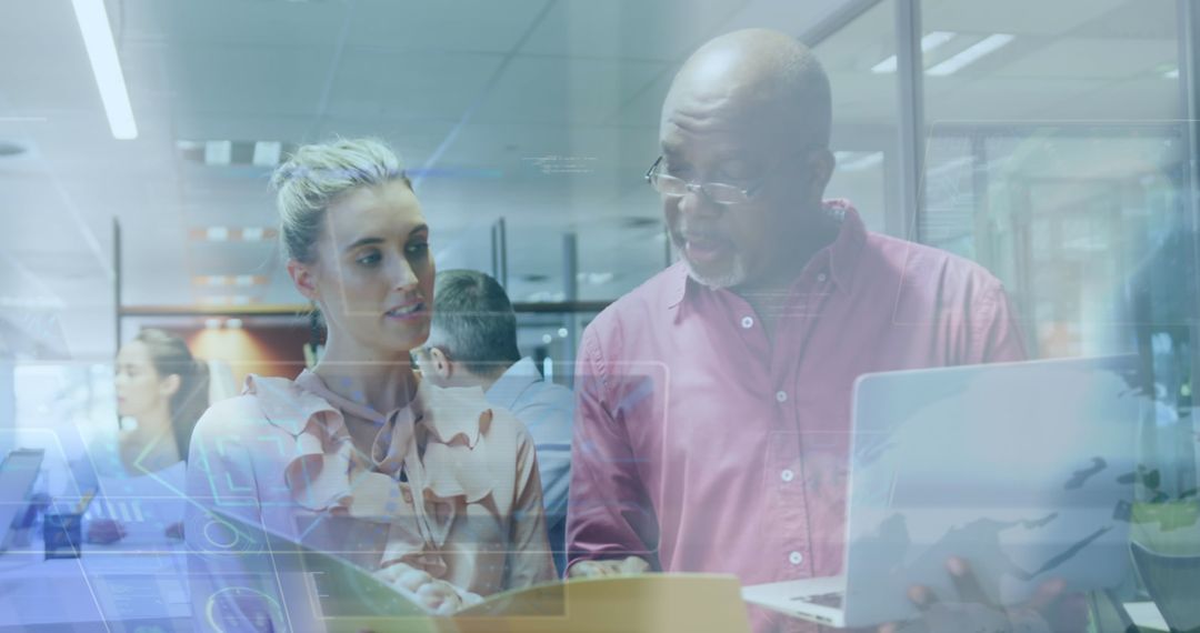 Collaboration with Futuristic Data Interfaced at Modern Office