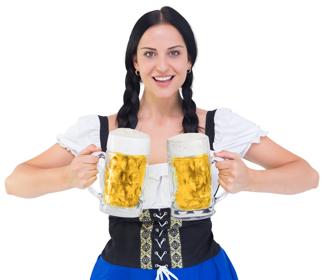 Smiling Woman in Traditional Bavarian Costume Holding Beer Mugs on Transparent Background - Download Free Stock Images Pikwizard.com