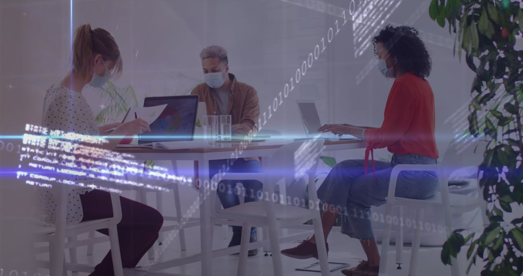 Coworkers Collaborating in Modern Office with Data Overlay