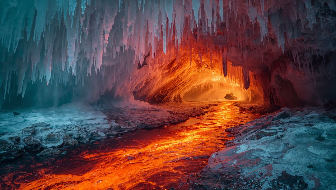 Fiery Lava Flow Beneath Ice-Crowned Cave