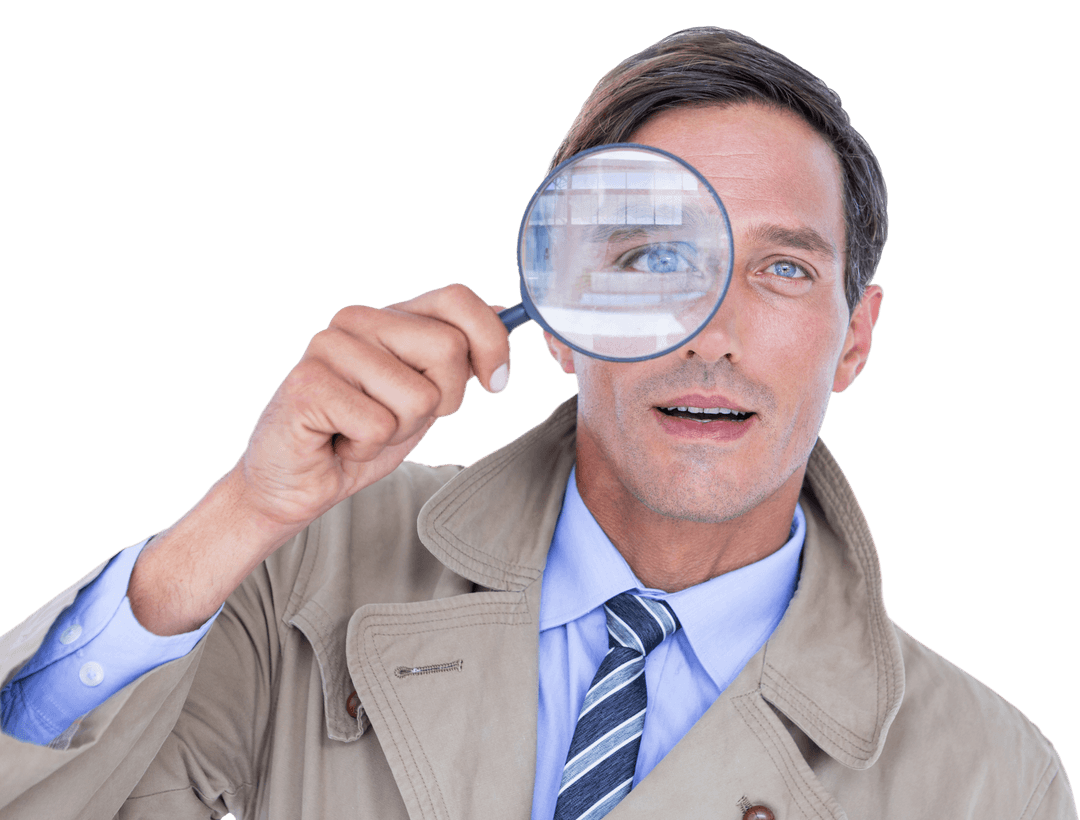 Spy Closely Looking Through Magnifying Glass on Transparent Background