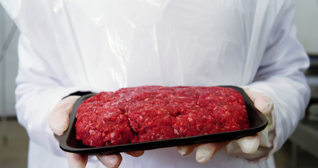 Worker Displaying Fresh Ground Beef in Factory