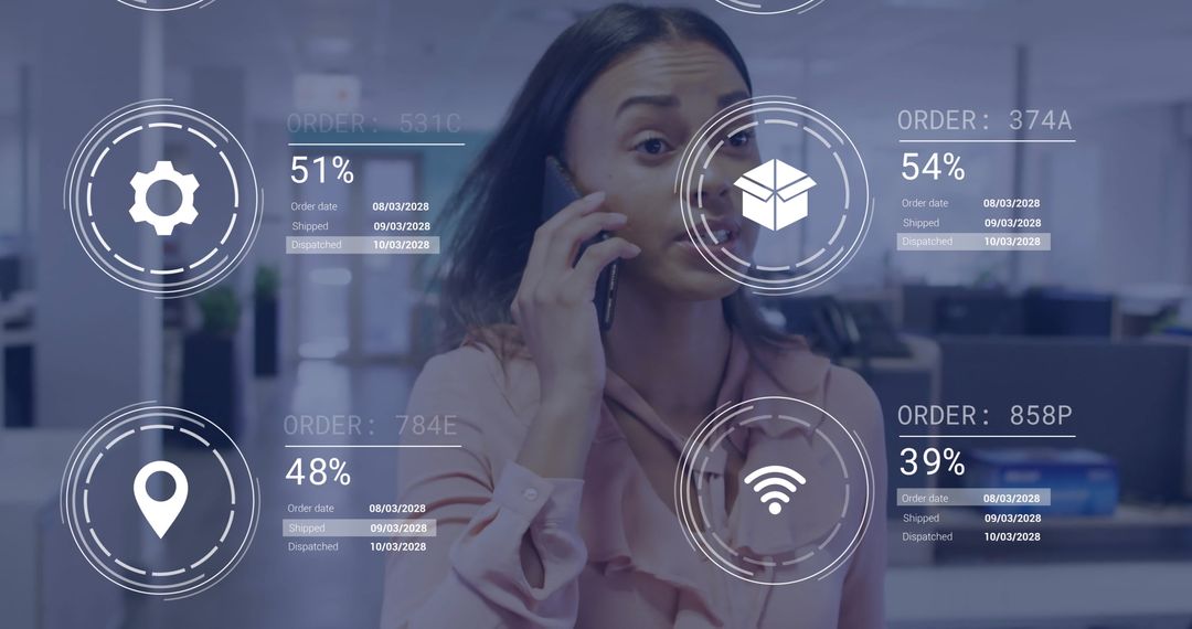 Office Manager Communicating via Smartphone with Digital Data Overlays