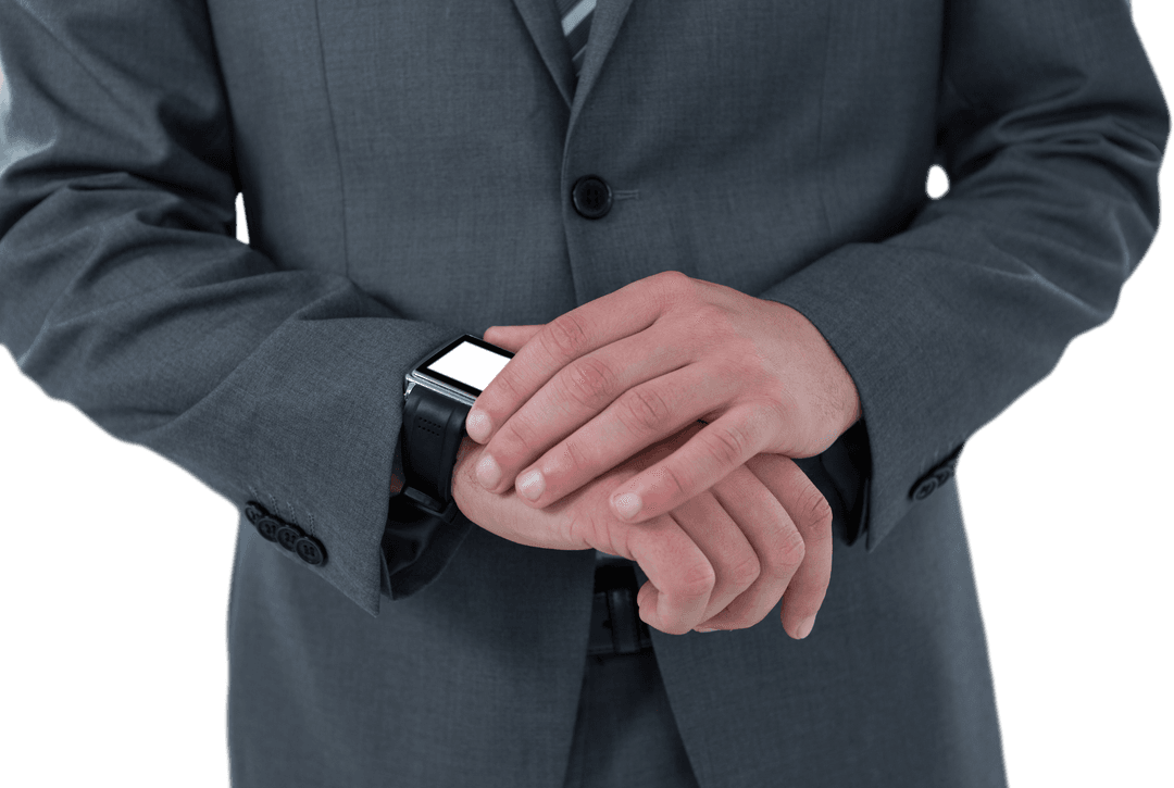 Businessman Checking Smartwatch on Transparent Background