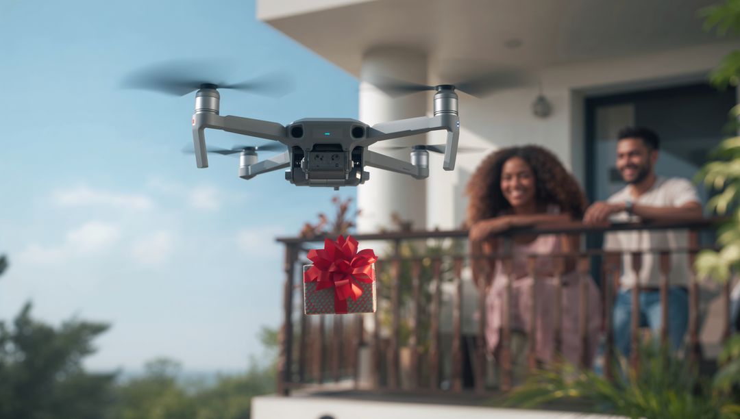 Drone Delivering Wrapped Gift to Balcony While Smiling Couple Watches