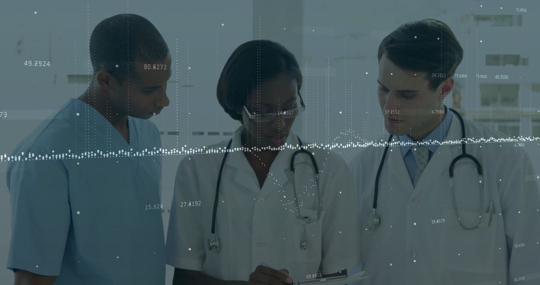 Medical Team Analyzes Records with Data Overlay