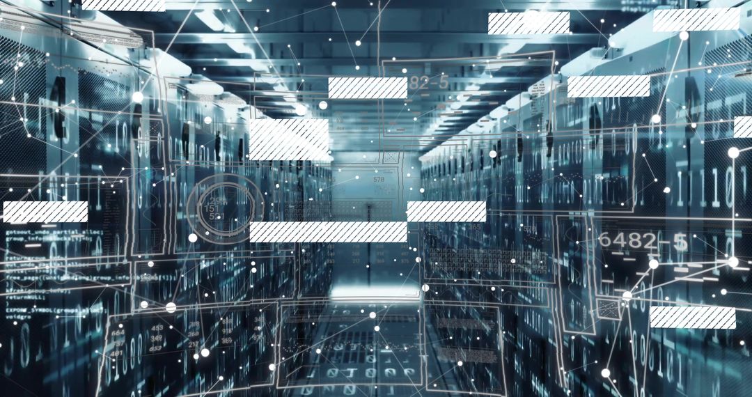 Futuristic Data Center Corridor and Digital Interface Overlays