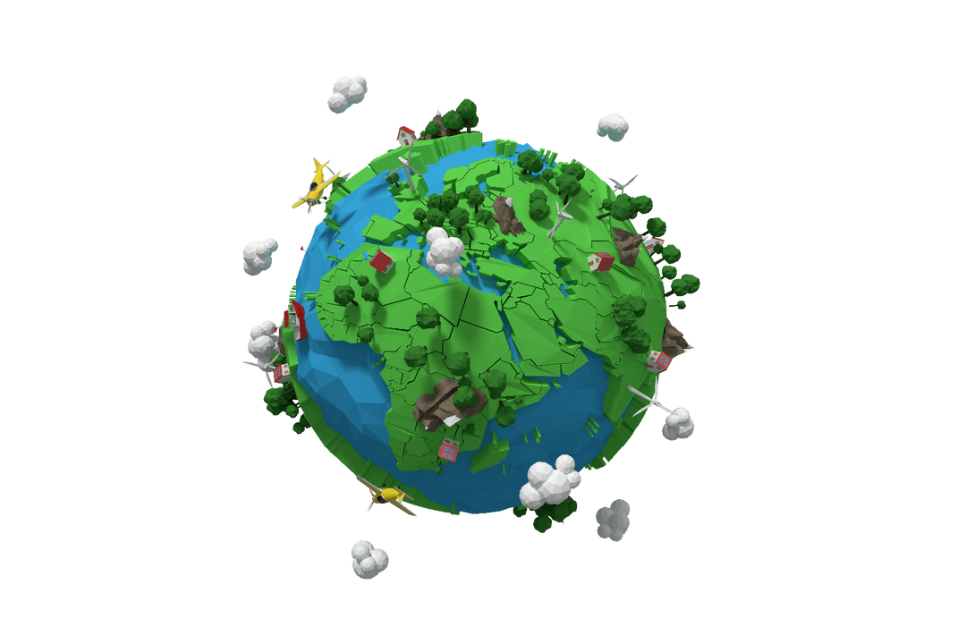 3D Cartoon Earth Illustration with Trees and Buildings on Transparent Background