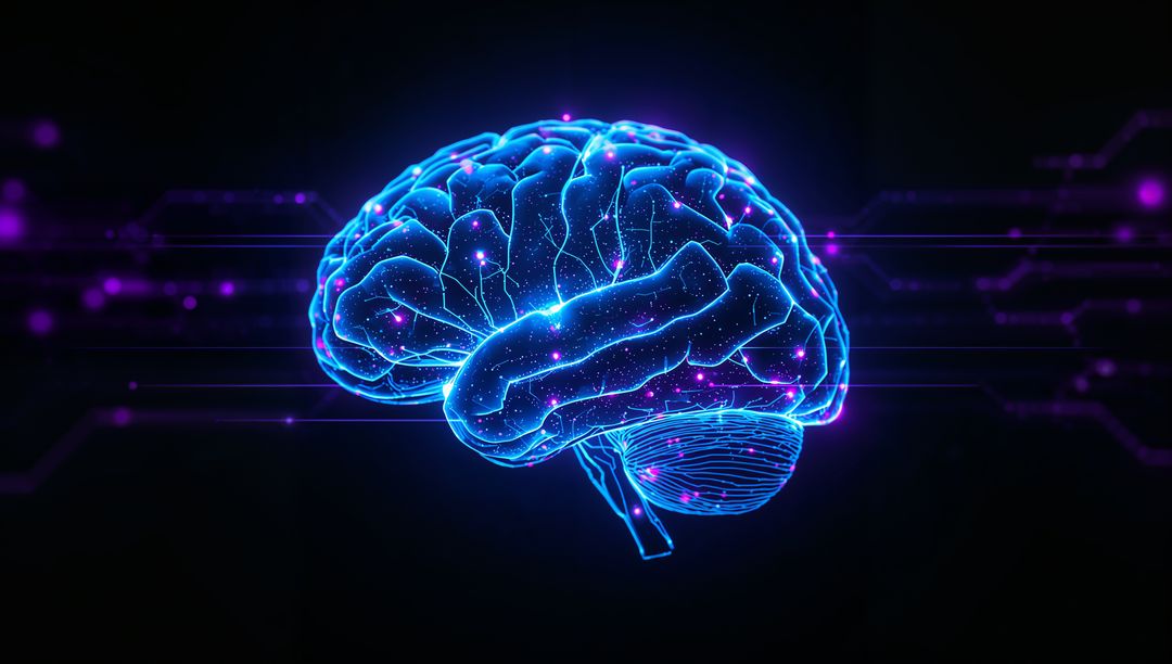 Futuristic 3D Brain with Glowing Circuitry in Virtual Space