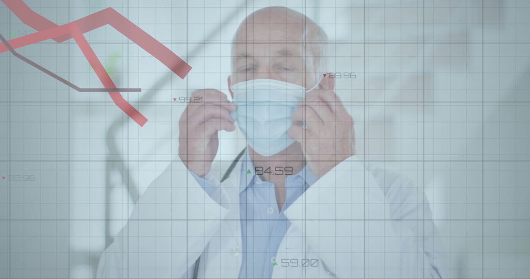 Doctor Wearing Mask Amidst Data Overlay in Medical Environment