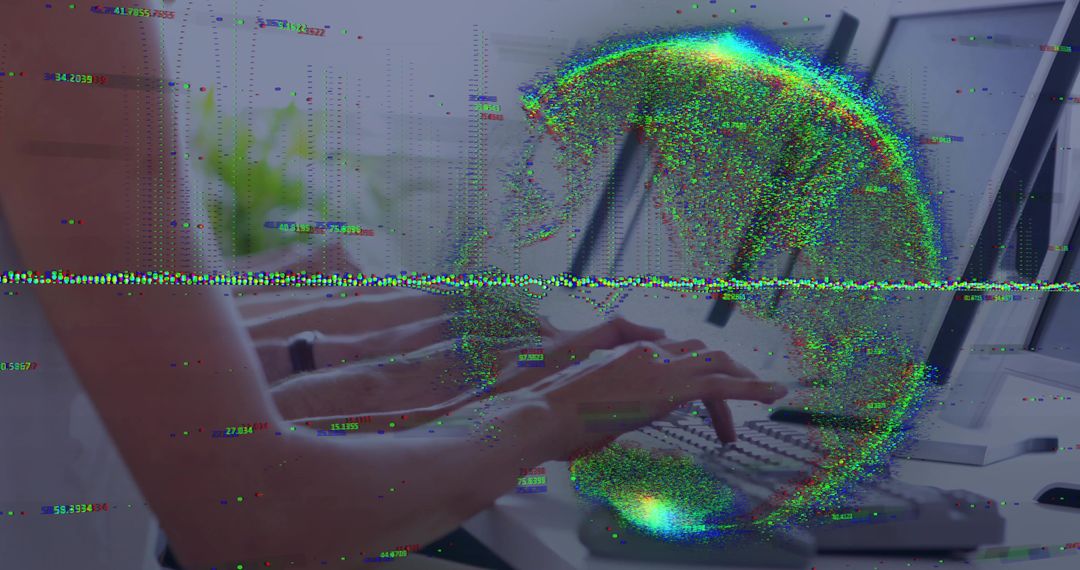 Hands Typing with Digital Glitch Effect and Globe Overlay