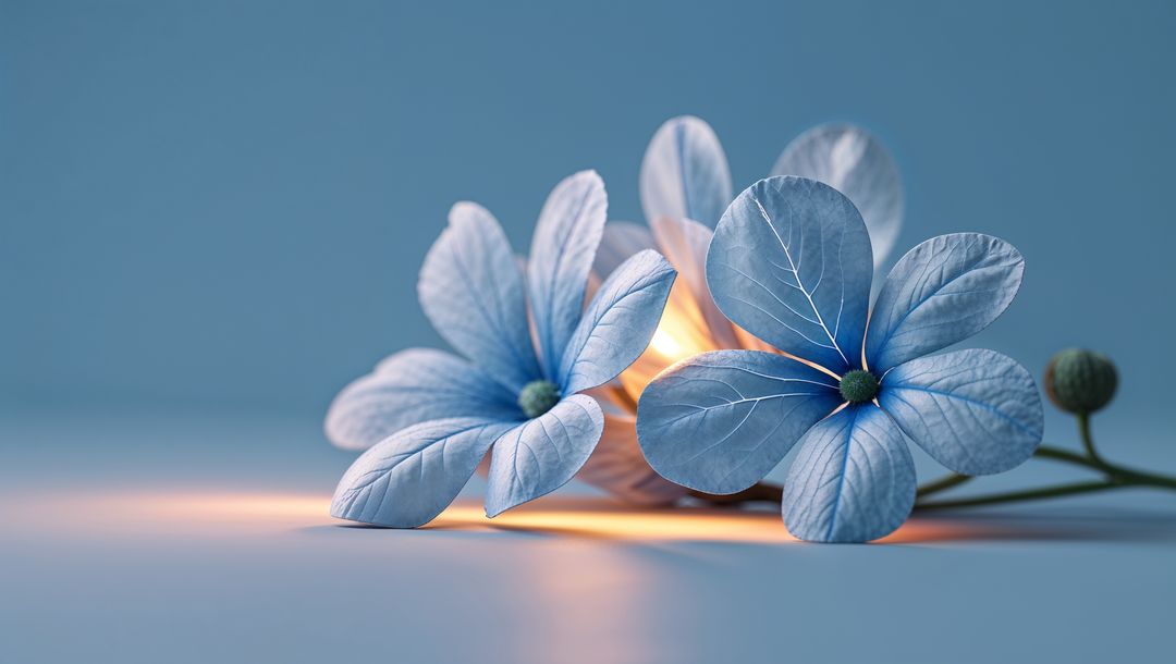 Elegant light blue forget me not flowers with gentle glow on gradient backdrop