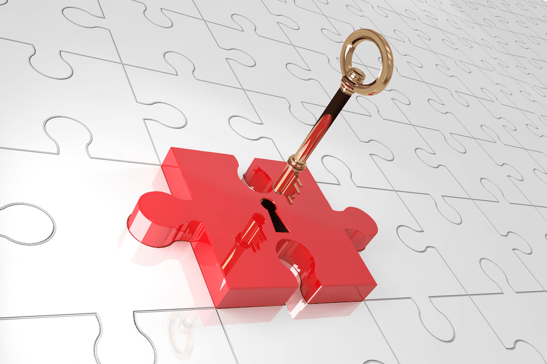 Transparent Red Puzzle Piece with Key Symbolizing Security