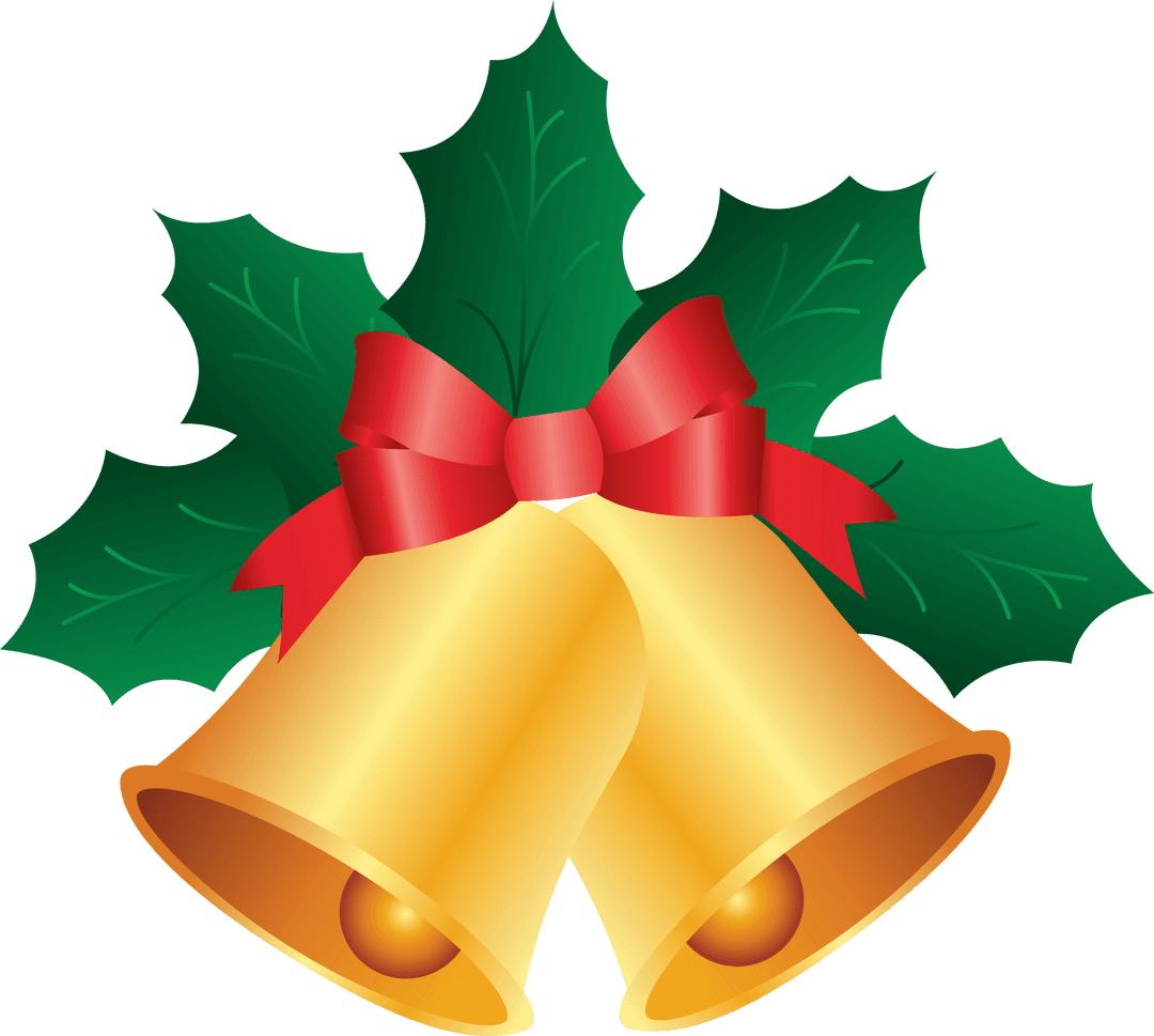 Golden Bells with Red Ribbon and Holly on Transparent Background