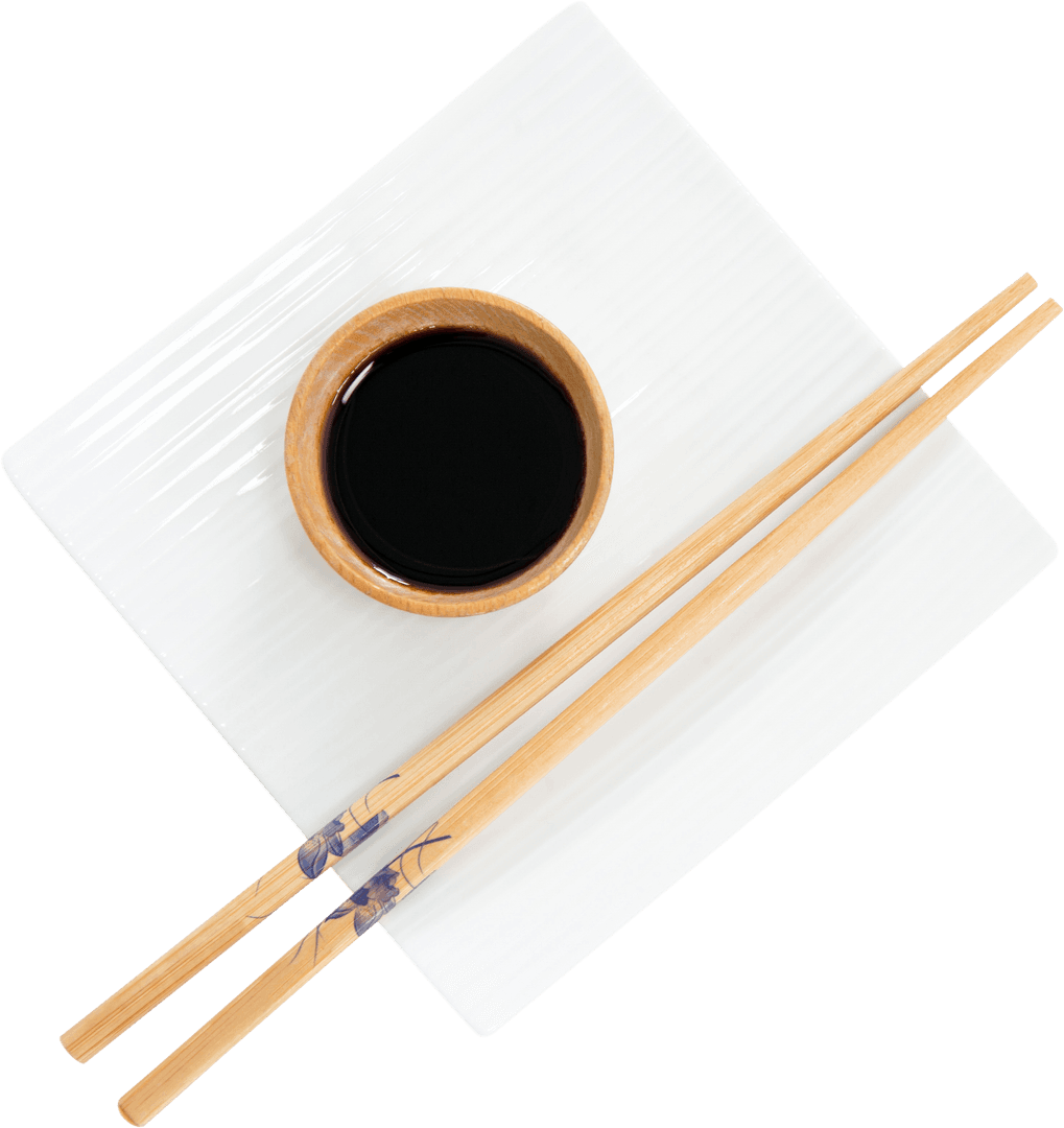Chopsticks and Soy Sauce in White Dish on Transparent Background