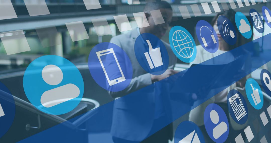 Executives Interacting with Digital Interface and Floating Icons