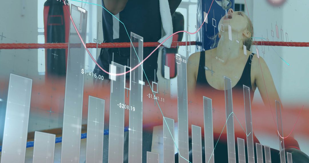 Boxer Hydrating in Gym Blended with Financial Chart Overlay