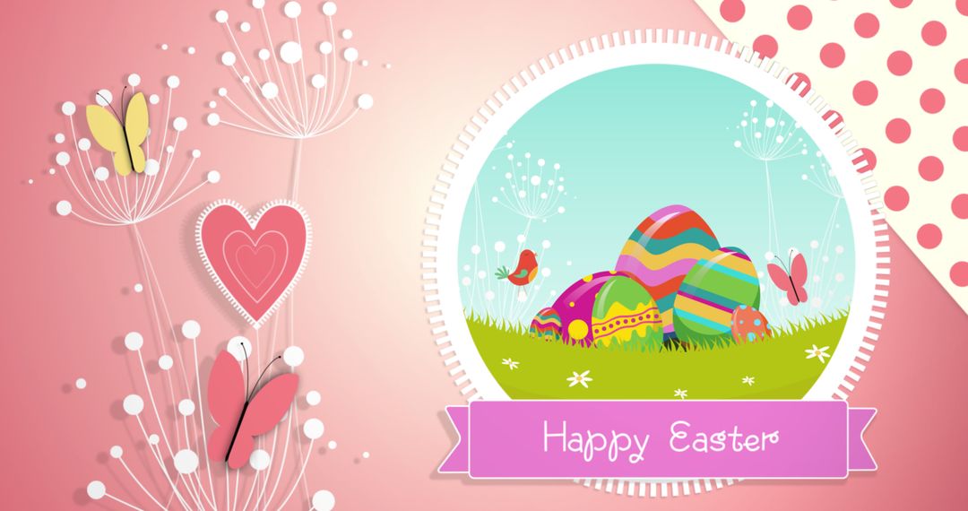 Colorful Easter Eggs in Field with Butterflies and Heart Accents