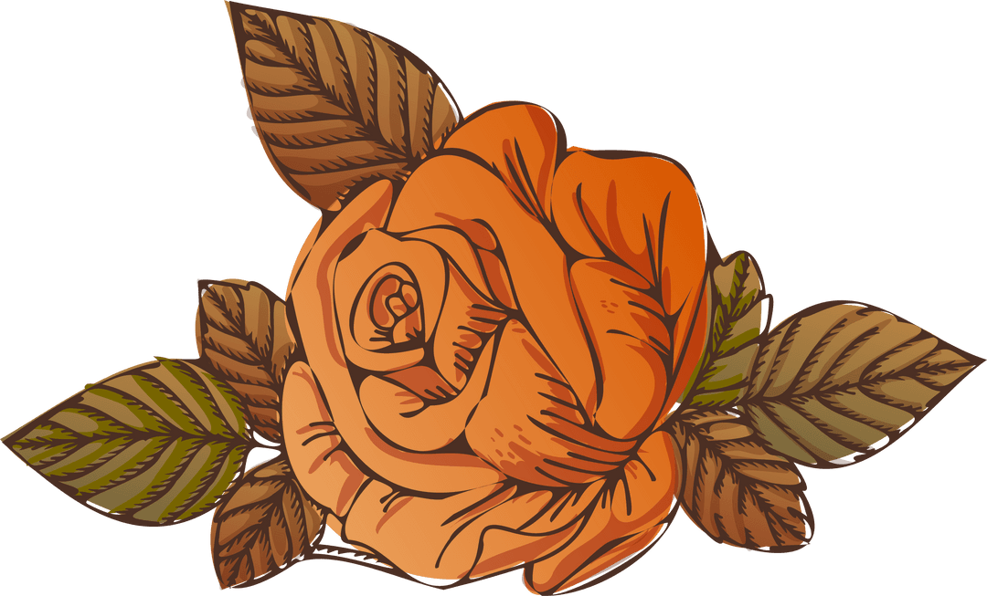 Stylized Blooming Orange Rose with Leaves on Transparent Background