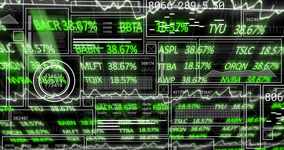Futuristic Digital Dashboard with Stock Tickers and Analytic Data
