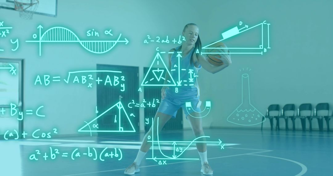 Female basketball player pivoting with augmented math and physics overlay on indoor court