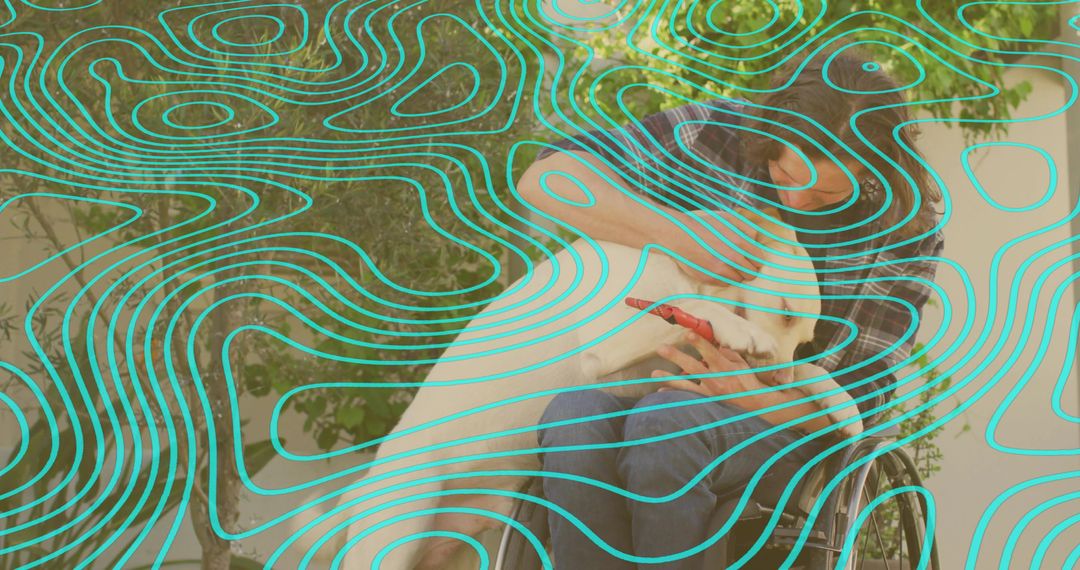 Man in Wheelchair Hugging White Dog Outdoors