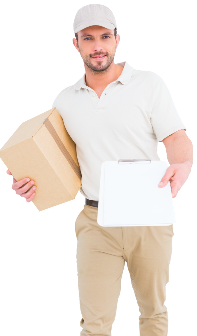 Parcel Courier with Box Displaying Transparent Clipboard - Download Free Stock Images Pikwizard.com