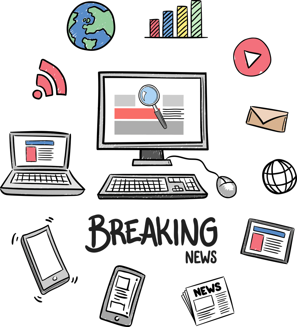 Digital Media Icons Surround Computers on Transparent Background