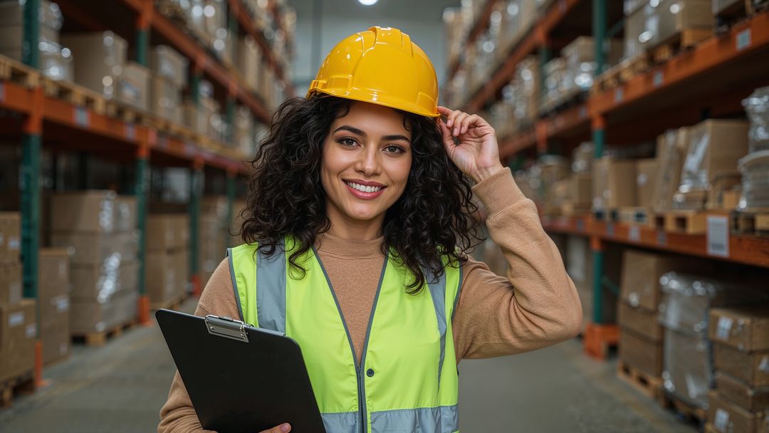 Warehouse Worker Checking Inventory with Clipboard and Hardhat