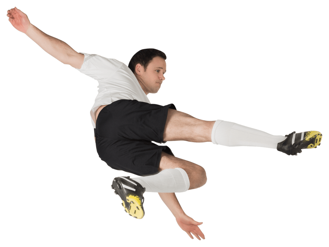 Dynamic Football Player in Mid-Air Kick on Transparent Background