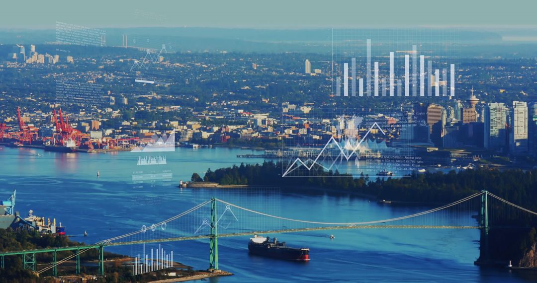 Digital Financial Data Overlay on Aerial Urban Seascape