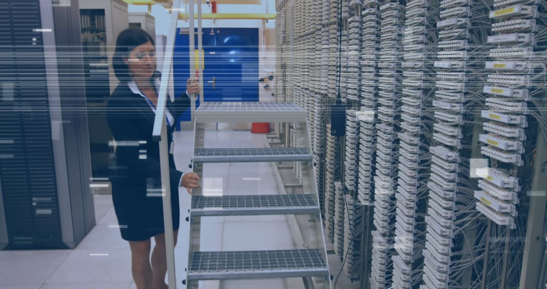 Digital Glitch over Woman Observing Data Servers in Server Room