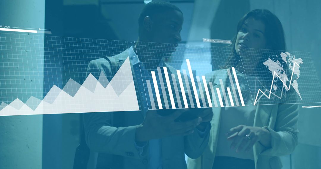 Business Colleagues Discussing Financial Data with Digital Interface Overlays