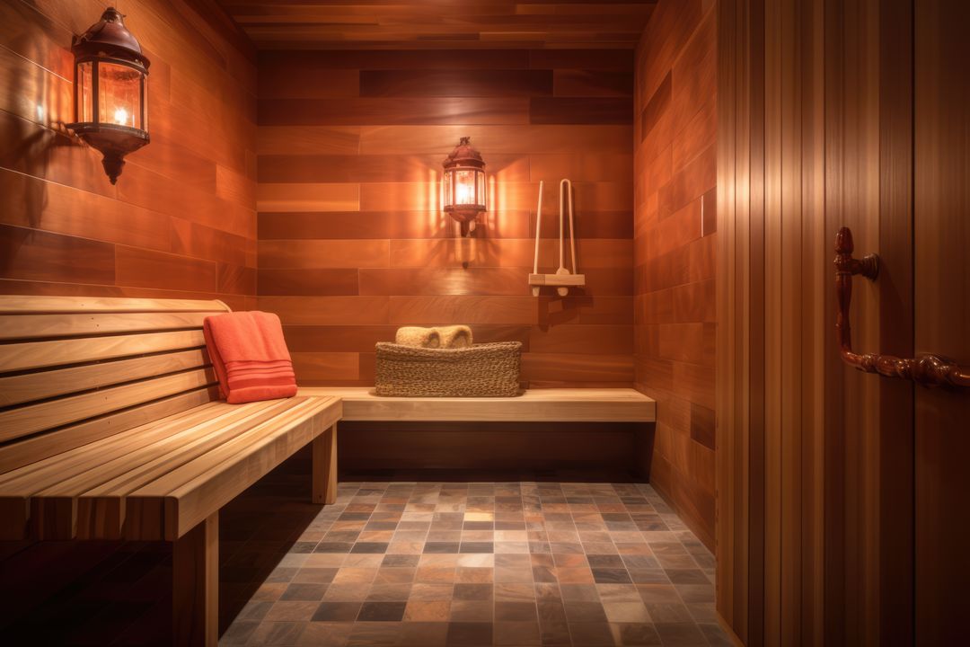 Interior of wooden sauna with bench and accessories, created using generative ai technology - Free Images, Stock Photos and Pictures on Pikwizard.com