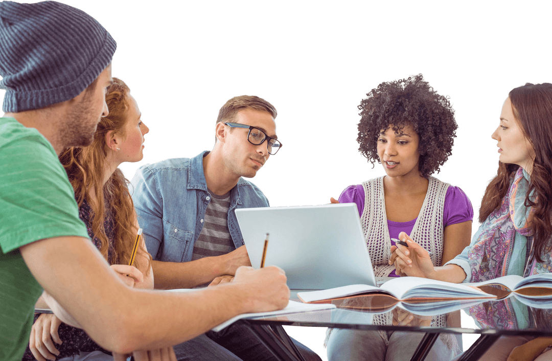 Diverse Fashion Students Group Collaborating with Laptop Transparent Background