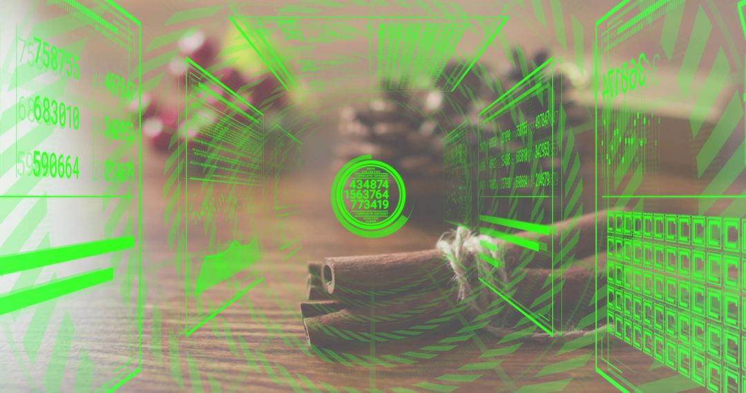 Cinnamon sticks with neon AR overlays on wooden tabletop, holographic HUD and warm bokeh