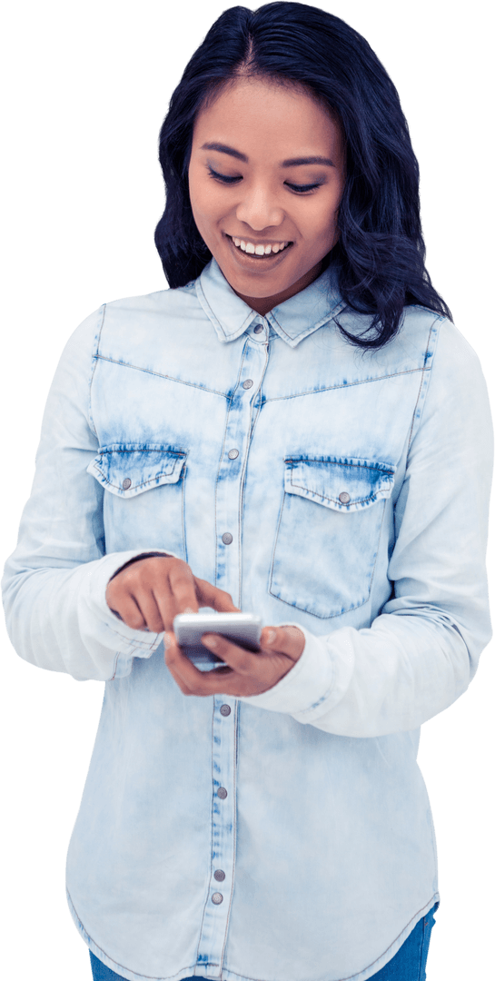 Asian Woman Smiling and Engaged with Smartphone Transparent Background