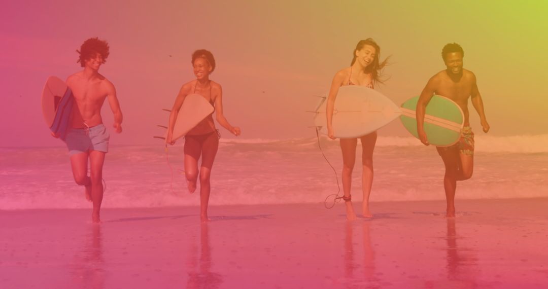 Diverse Friends Running with Surfboards on Vibrant Beach