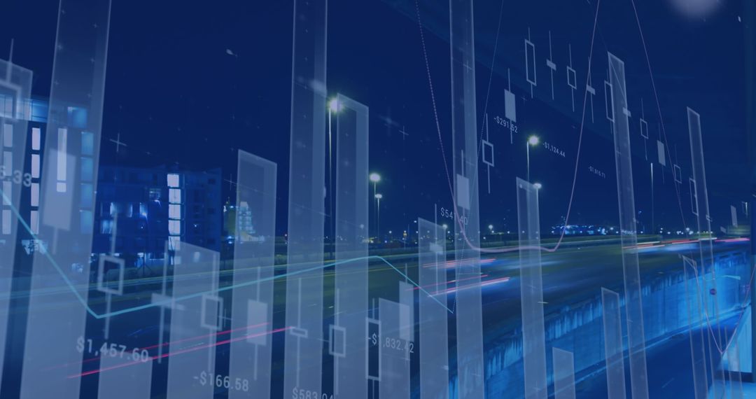 Financial Graphs Overlaying City Nightscape Depicting Economic Dynamics