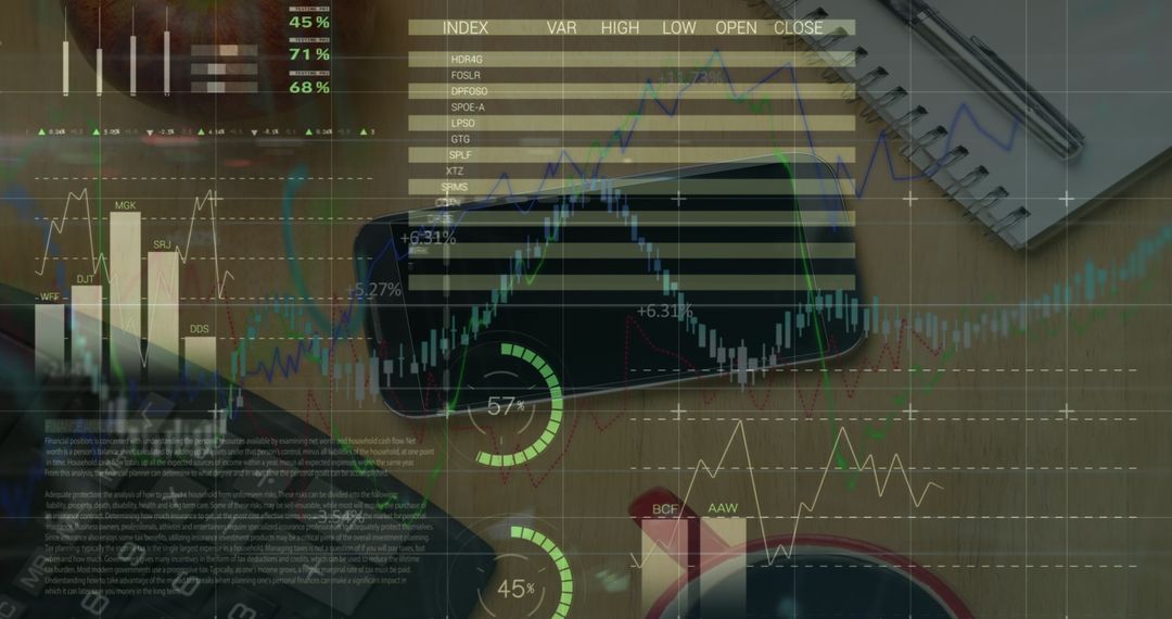Digital Financial Analytics Overlaid on Office Desk