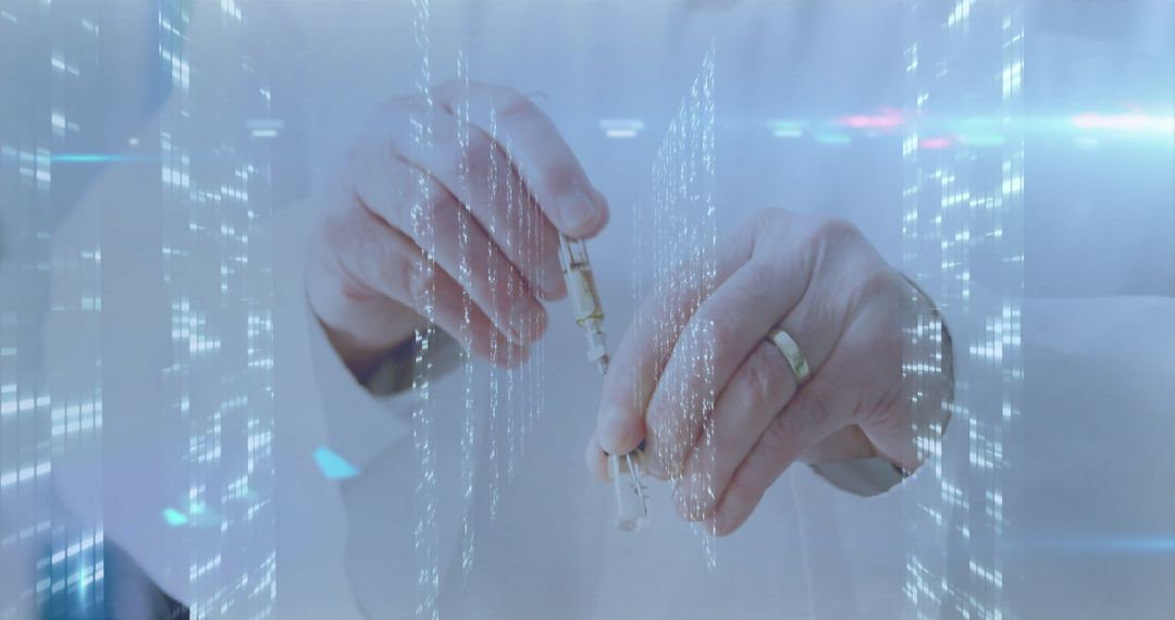 Doctor Preparing Syringe in Futuristic Lab with Holographic Data