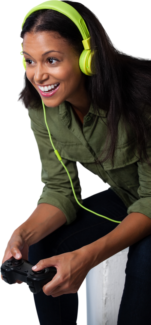 Smiling Woman with Green Headphones Playing Video Game in Transparent Background - Download Free Stock Images Pikwizard.com