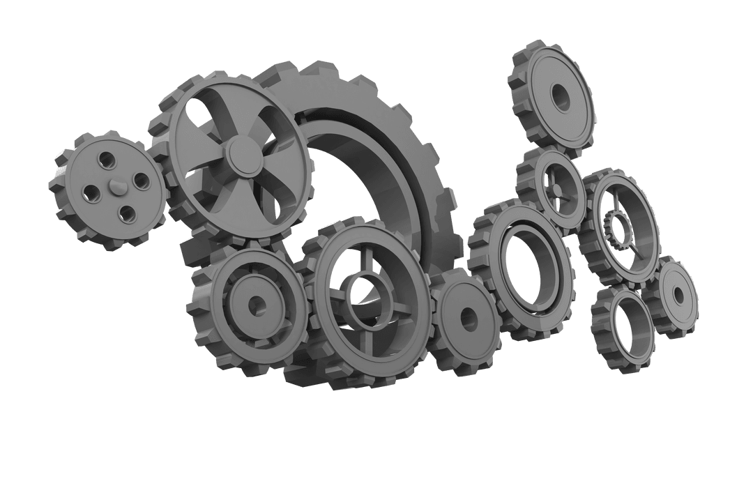 Gray Gears in Motion on Transparent Background