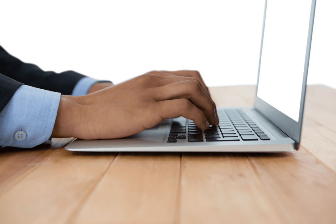 Businessman Typing on Transparent Laptop Isolated on Wooden Surface