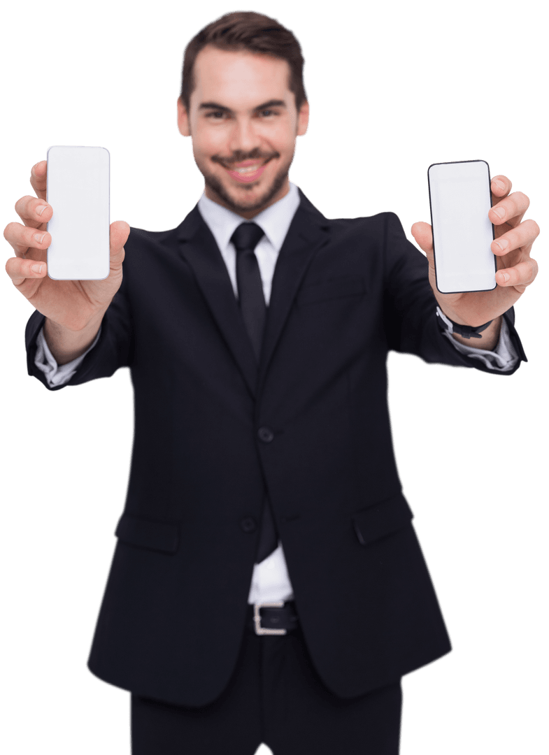 Smiling Businessman Displaying Two Smartphones On Transparent Background