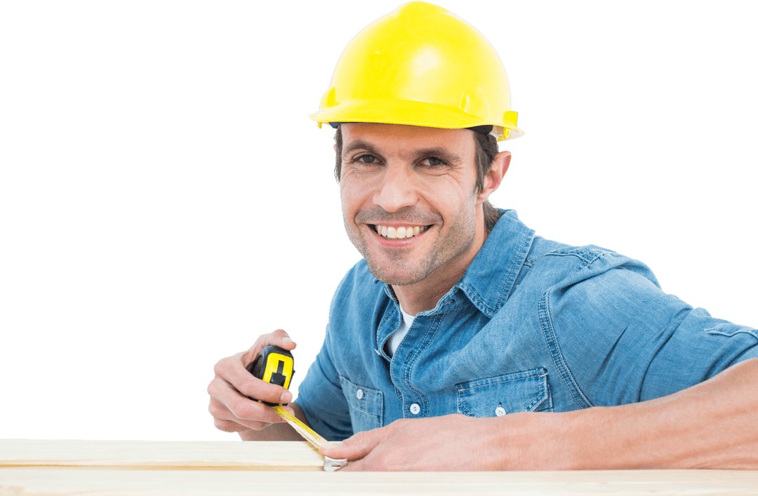 Smiling Carpenter with Tape Measure in Transparent Background