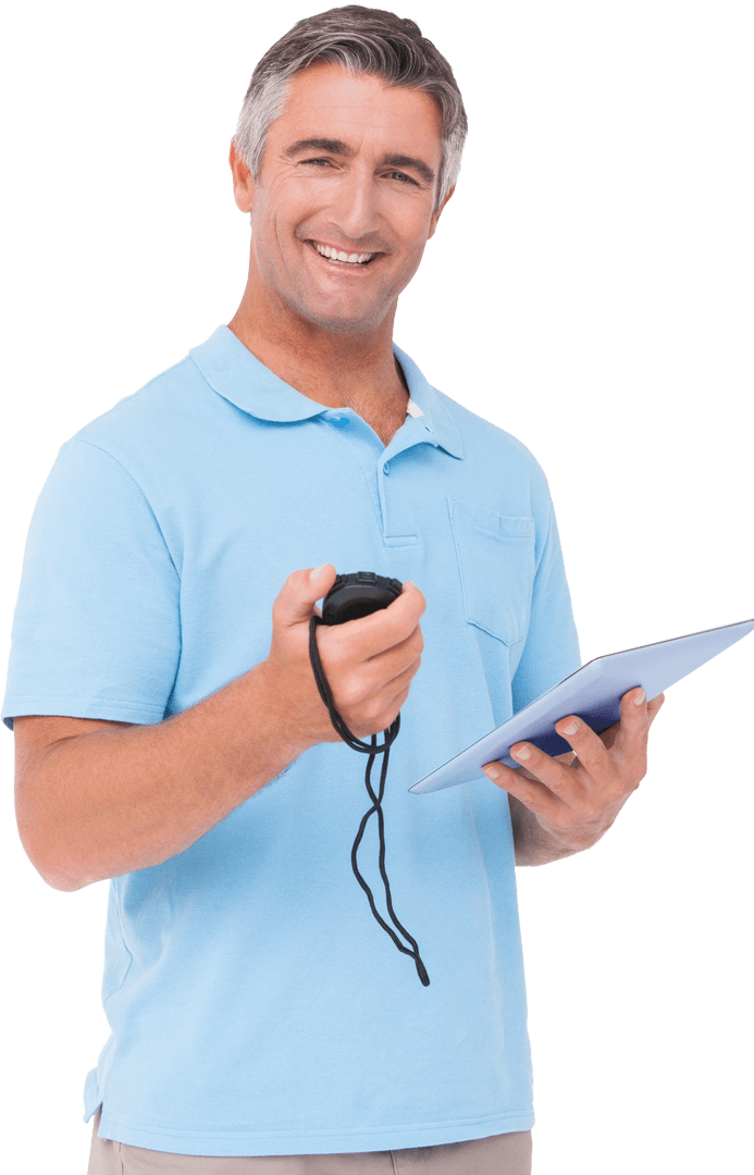 Trainer Holding Stopwatch and Clipboard with a Transparent Background