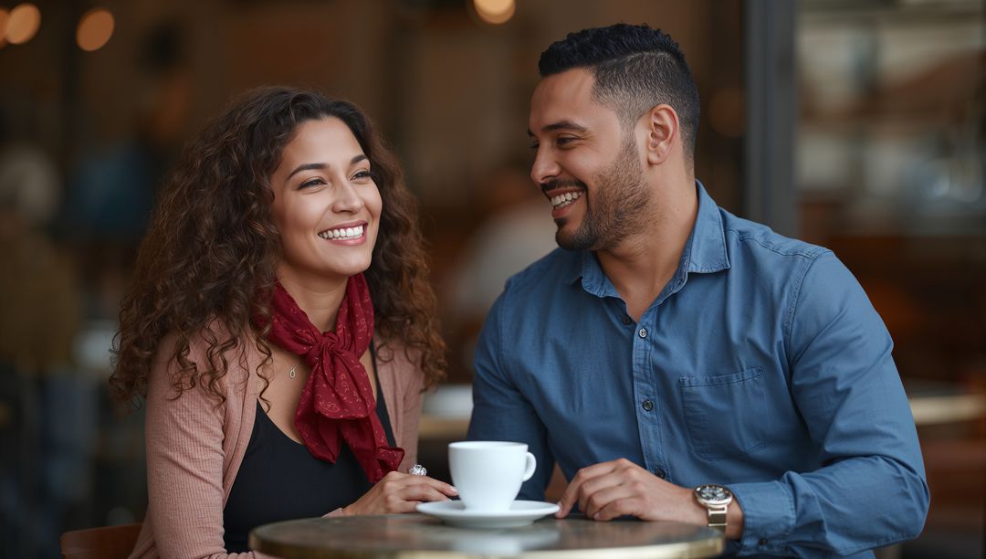 Couple enjoying conversation at cozy cafe table with coffee